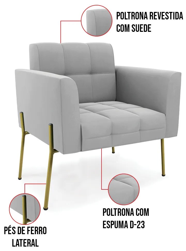 Poltrona Pé de Ferro Dourado para Sala Elisa Suede D03 - D'Rossi - Cinza
