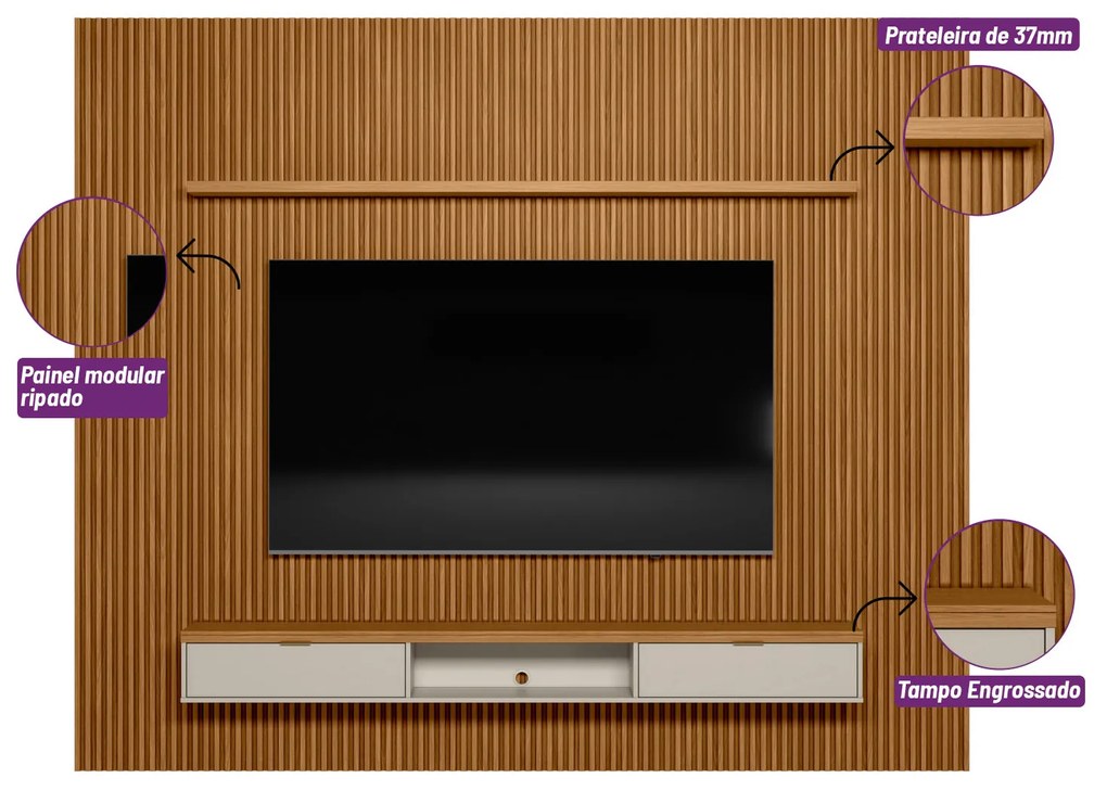 Painel para TV até 75 Polegadas Ripado Marisa com Nicho Bancada Nature e Off White 297x250 cm L04 - D'Rossi