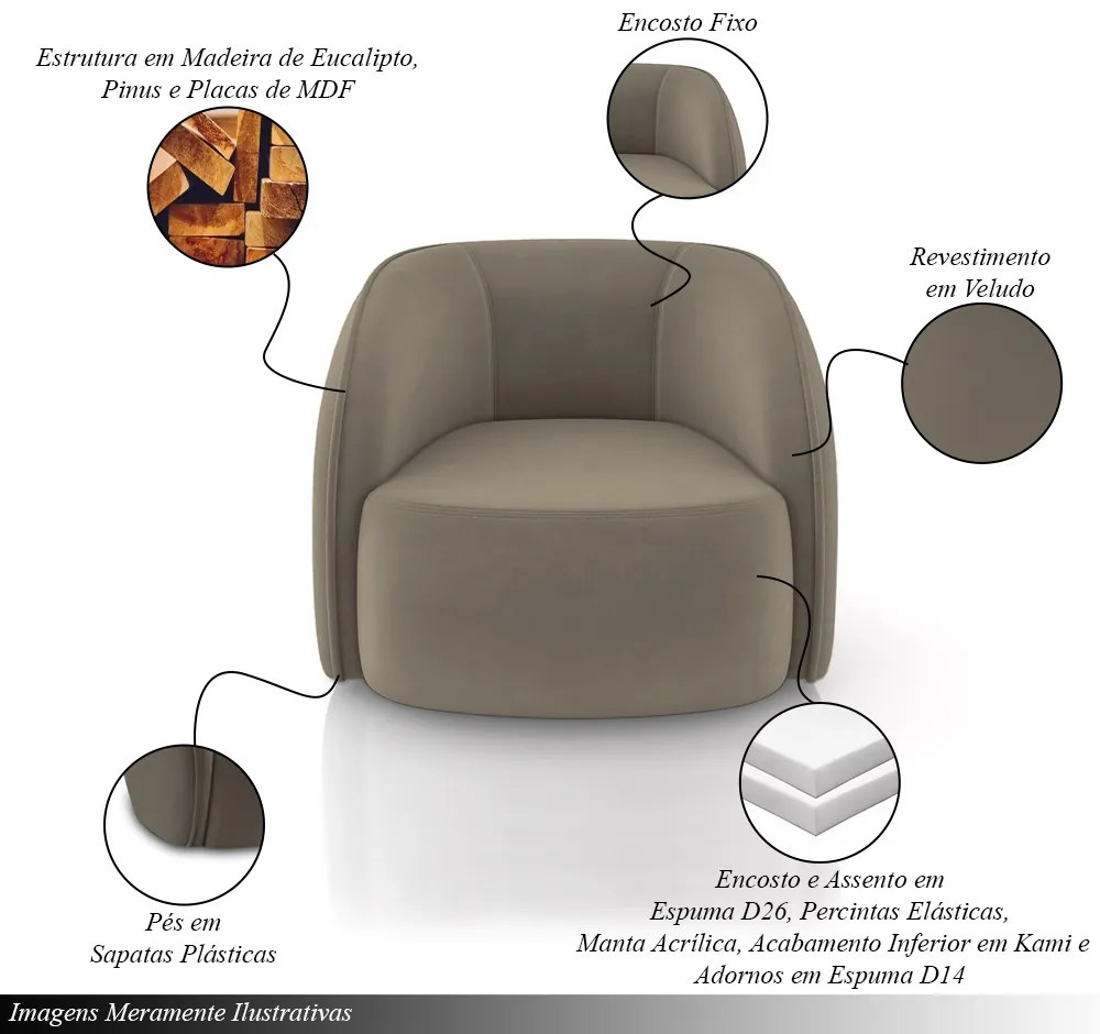 Poltrona Decorativa Sala de Estar Clarke Veludo Castor G45 - Gran Belo