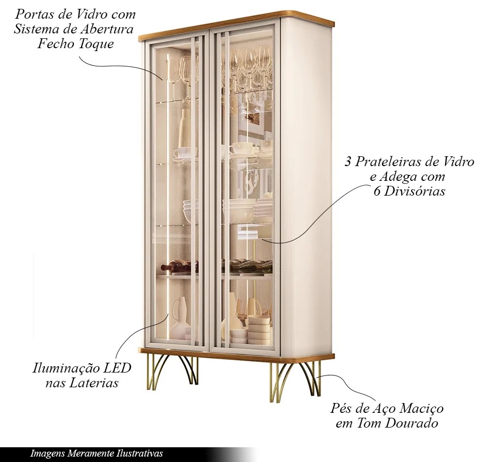 Conjunto Cristaleira Buffet com LED Portas de Vidro Pés Aço Maciço Cor Dourado Texas/Virginia Off White/Cinamomo G26 - Gran belo