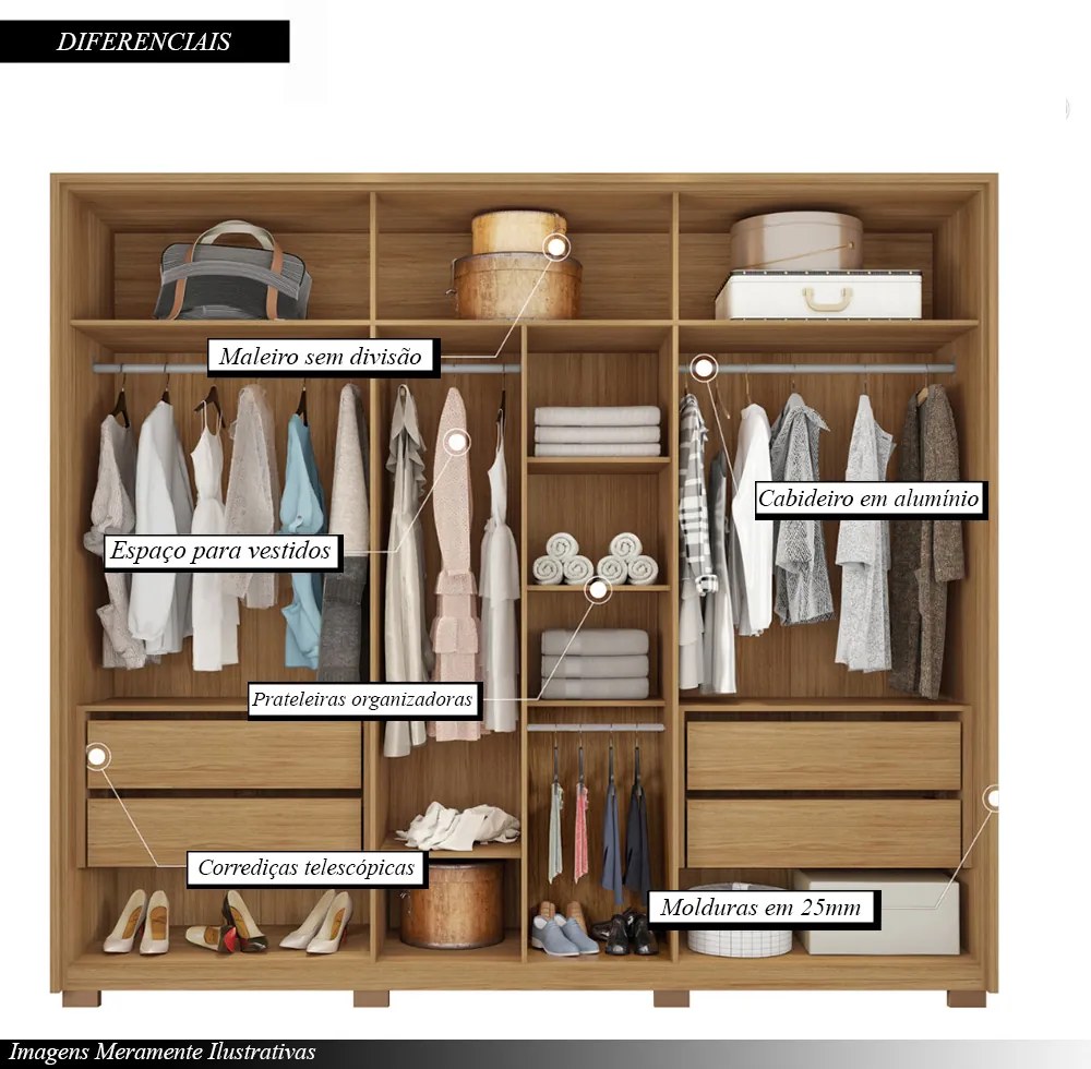 Guarda Roupa Orbit Casal com 6 Portas de Bater com Espelhos e 4 Gavetas MDP Buriti/Fendi G11 - Gran Belo