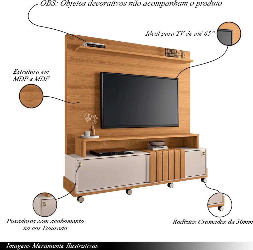 Home Painel Decorativo Bold TV até 65 Pol Portas Deslizantes Pés Rodízio Cinamomo/Off White G26 - HB Móveis