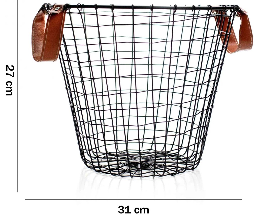 Cesto de Metal Preto Com Alça Em Couro 31 Cm - D'Rossi