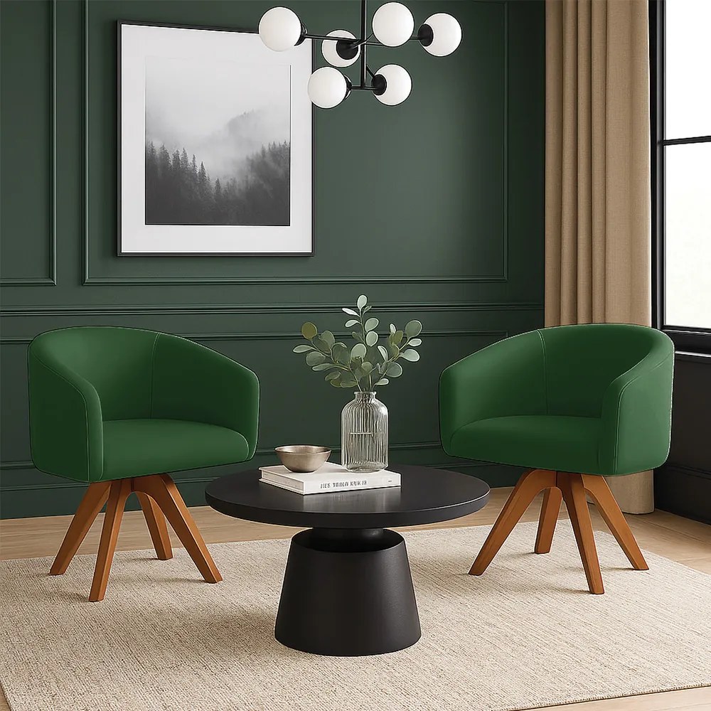 Poltrona Sala Base Giratória Madeira Kit 2 Arielle Suede Verde D03 - D'Rossi
