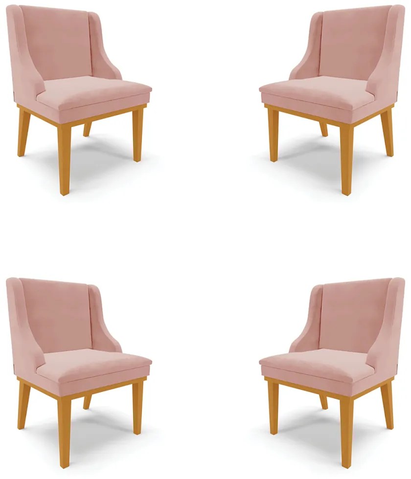 Kit 4 Cadeiras Decorativas Sala de Jantar Base Fixa de Madeira Firenze Veludo Rose/Castanho G19 - Gran Belo