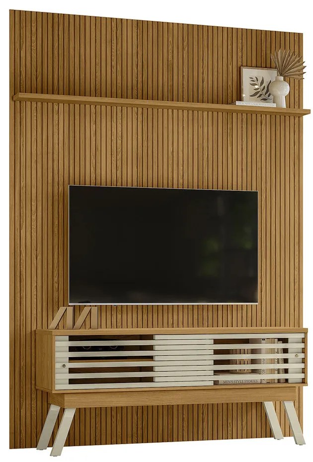 Conjunto Painel com Bancada Tremor 2 Portas Deslizantes 2 Prateleiras MDP até 65 Cumaru/Opala G97 - Gran Belo