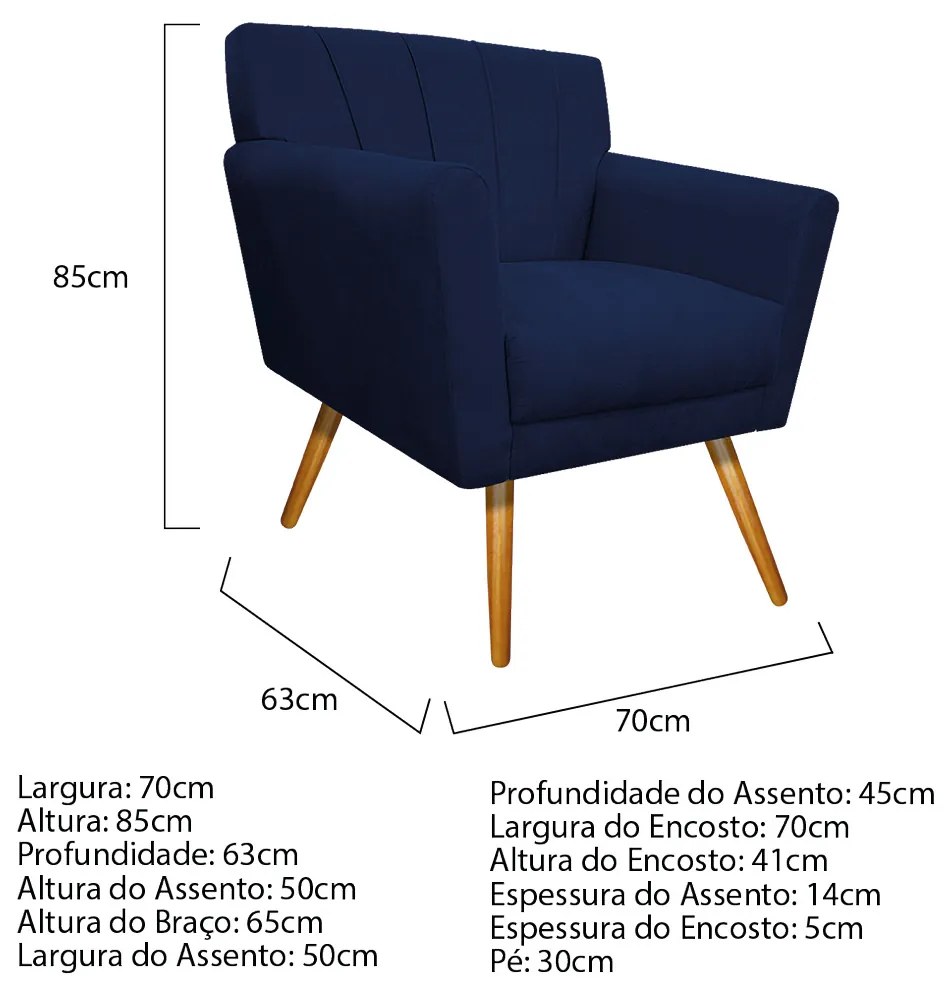 Poltrona Laura Pés Palito Mel Suede Azul Marinho - ADJ Decor