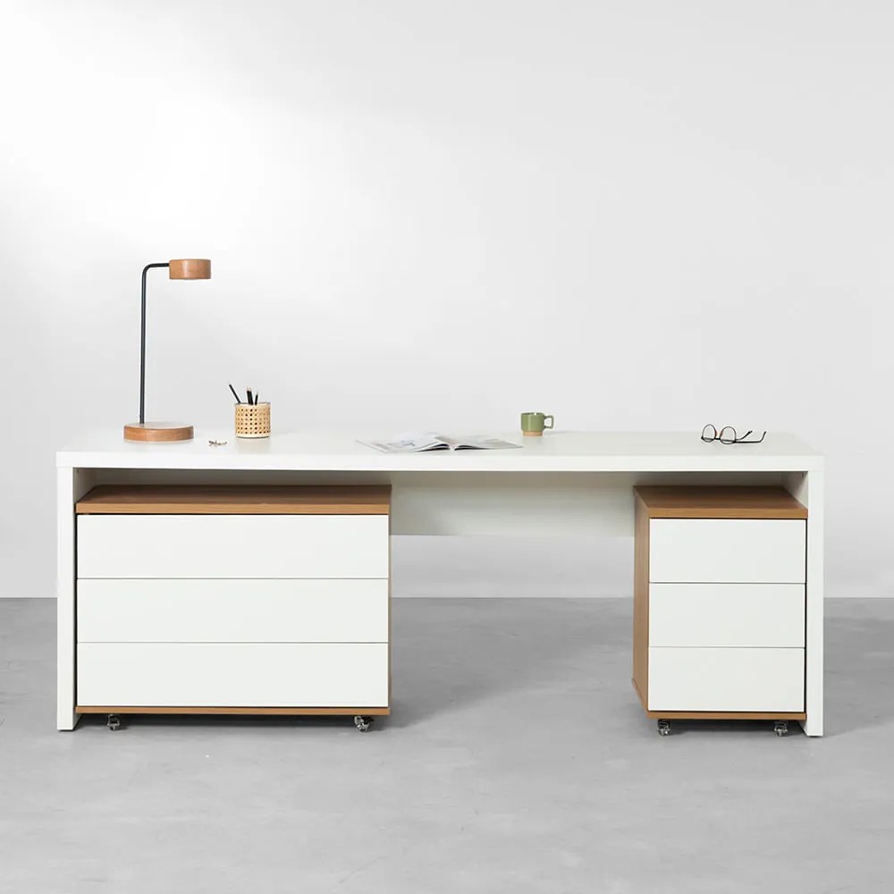 Conjunto Office - Bancada Contemporânea Branco 2,06m + Módulo 3 Gavetas Louro Freijó e Branco 42,5cm + Módulo 3 Gavetas Louro Freijó e Branco 85cm