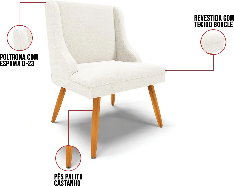 Cadeira Sala de Jantar Pé Palito Castanho Kit 4 Liz Bouclê D03 - D'Rossi - Off White