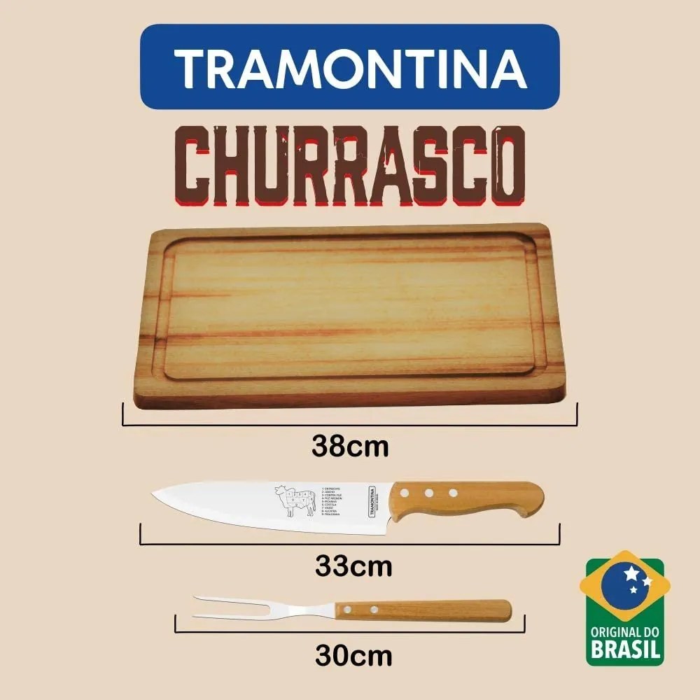 Kit Jogo Churrasco 3 Pe&ccedil;as T&aacute;bua Madeira Faca Garfo Tramontina