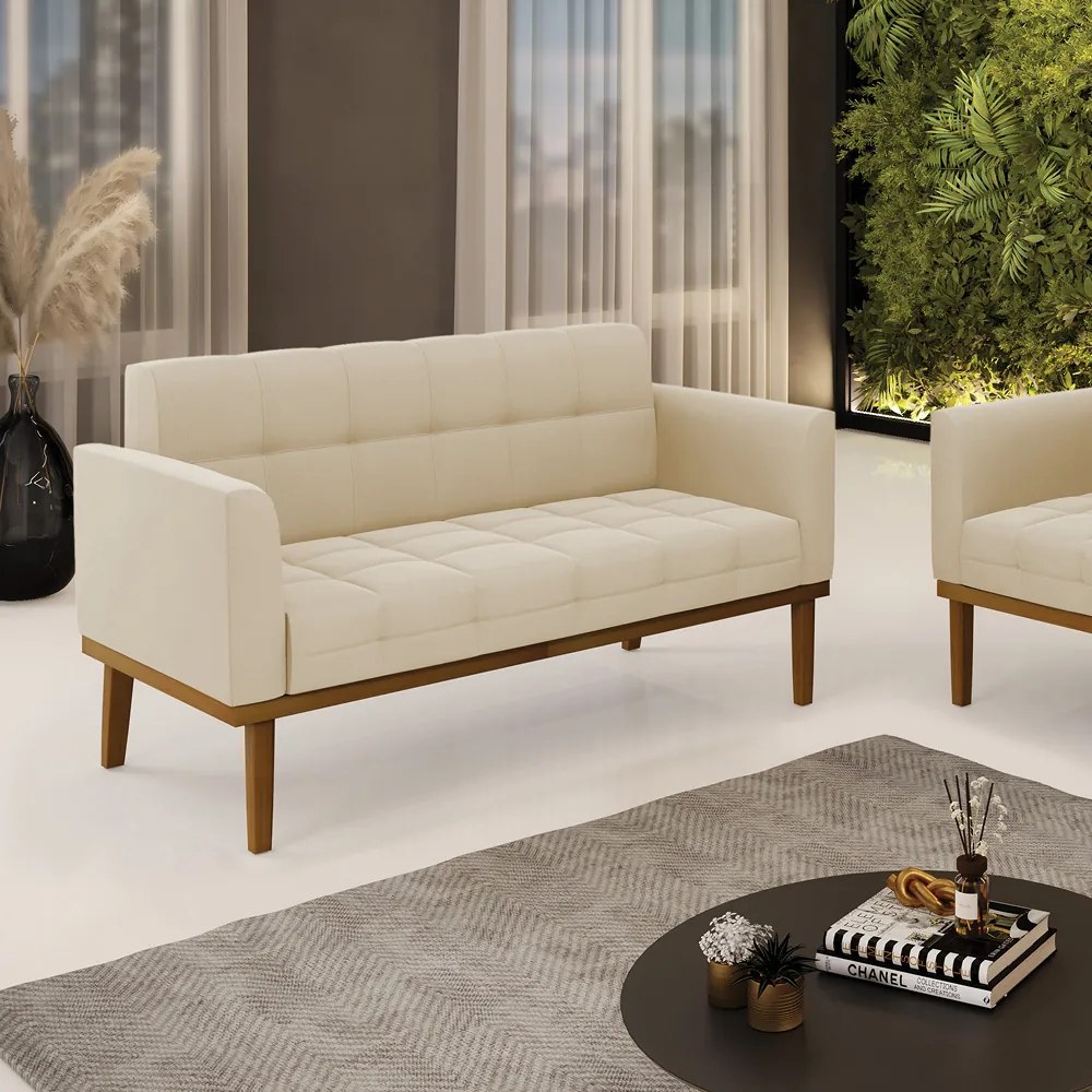 Sofá Namoradeira 2 Lugares Base de Madeira Castanho Elisa Suede D03 - DRossi - Bege