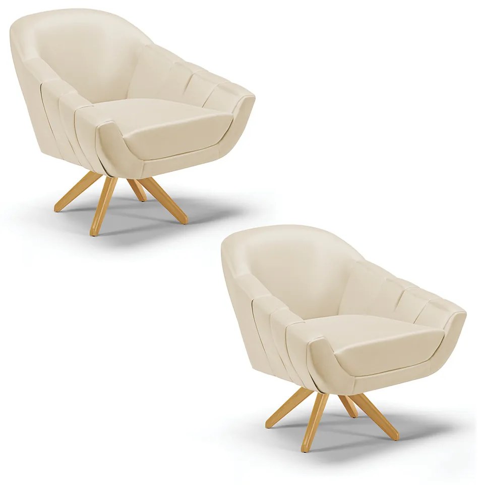Kit 02 Poltronas Giratória Giovana Corino Bege Base Madeira MA30 - D'Rossi