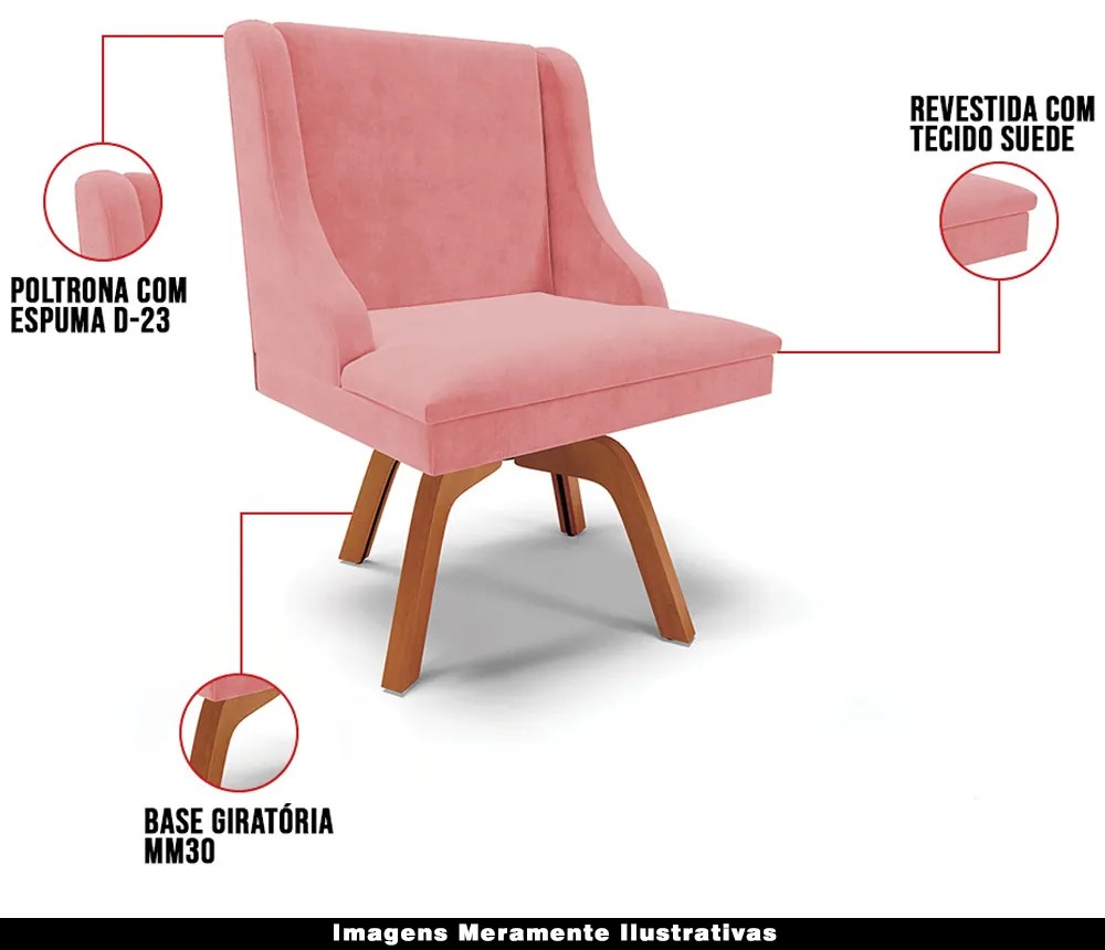 Kit 4 Cadeiras Decorativas Sala de Jantar Base Giratória de Madeira Firenze Suede Rosê/Natural G19 - Gran Belo
