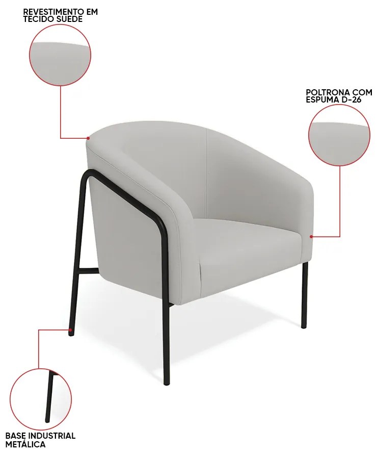 Poltrona Sala Industrial Alta Preto Stella Suede D03 - D'Rossi - Cinza