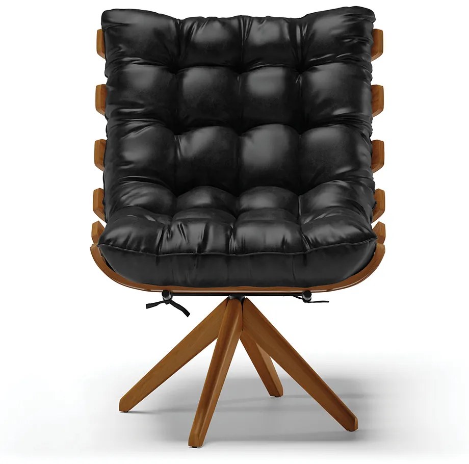 Poltrona Giratória Costela Sintético PU Preto Base de Madeira MA30 M11 - D'Rossi