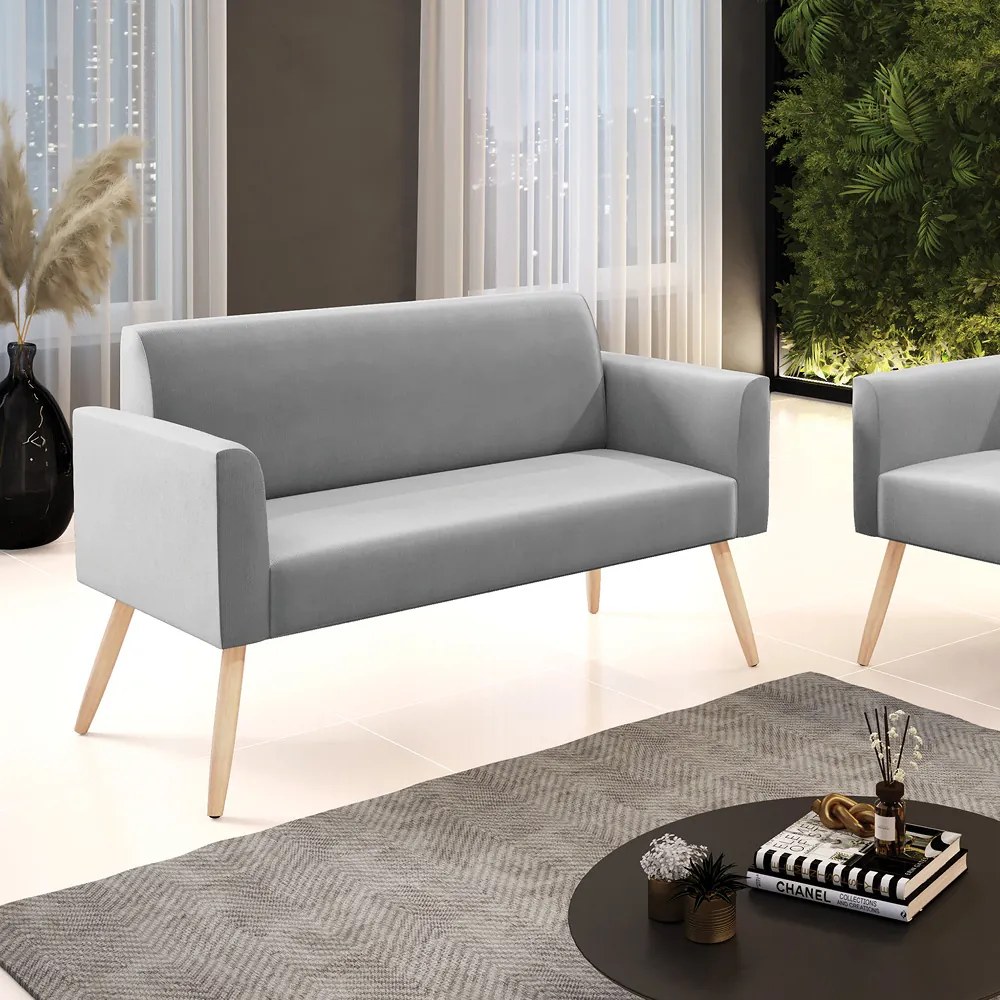 Sofá Namoradeira Pés Palito Natural Marisa Suede Cinza D03 - D'Rossi
