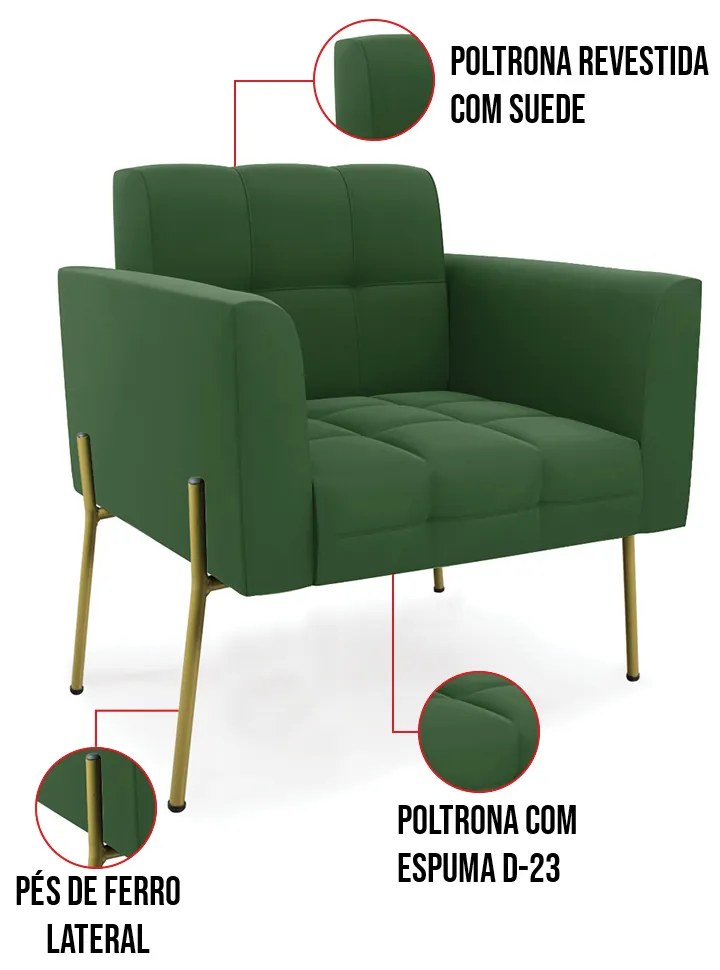Poltrona Pé de Ferro Dourado para Sala Elisa Suede D03 - D'Rossi - Verde
