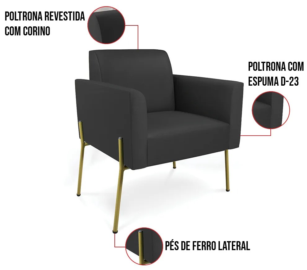 Poltrona Pé de Ferro Dourado para Sala Marisa Corino D03 - D'Rossi - Preto