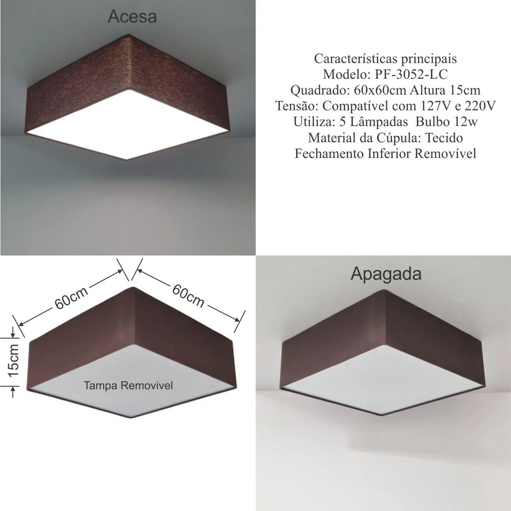 Plafon Quadrado Md-3052 Cúpula em Tecido 60x60x15cm Café - Bivolt