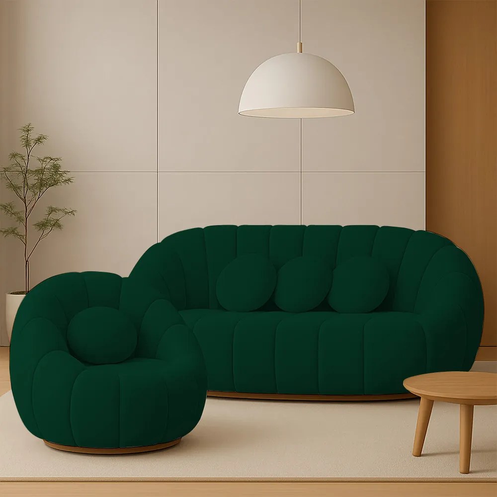 Sofá 2 Lugares com Poltrona Giratória Orgânica Cloud Bouclê E03 - D'Rossi - Verde