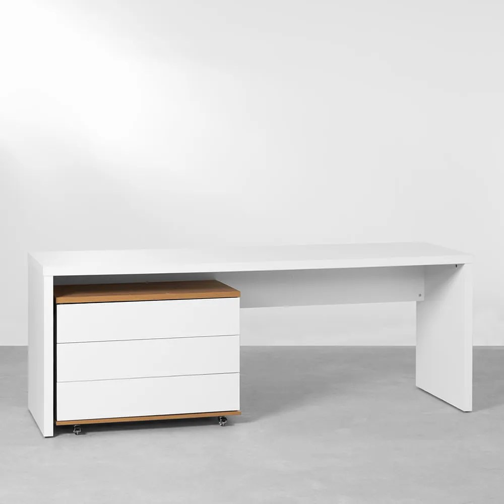 Conjunto Office - Bancada Contemporânea Branco 2,06m + Gaveteiro 3 Gavetas Louro Freijó e Branco 85cm - Conjunto Office - Bancada Contemporânea Branco 2,06m + Módulo 3 Gavetas Louro Freijó e Branco 85cm