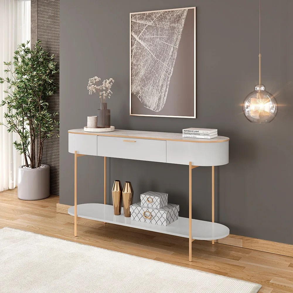 Aparador Amanda 1 Gaveta e 1 Prateleira Pés Metálicos Dourados G18 - Gran Belo - Fendi/Quartzo