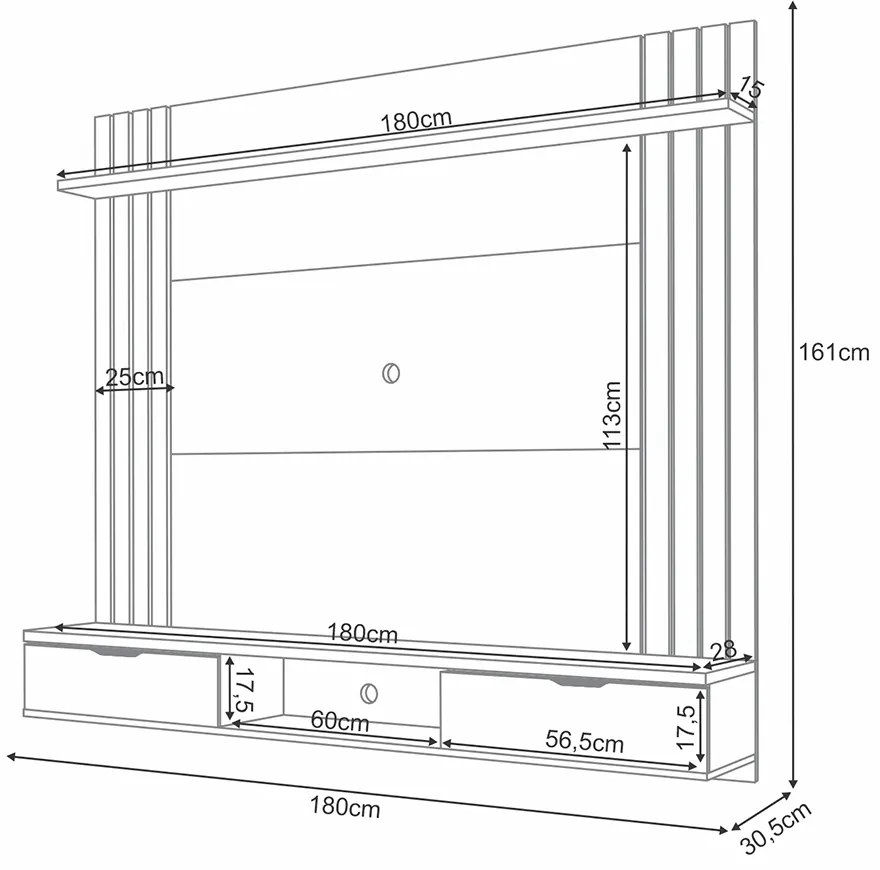 Painel Suspenso Decorativo Doss TV até 70 Pol Ripado MDP/MDF Cinamomo/Off White G26 - Gran Belo