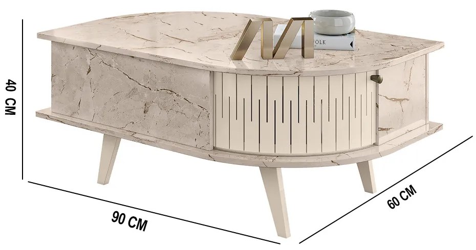 Mesa de Centro Para Sala com 2 Portas Narvelli M20 - D'Rossi - Calacata e Off White