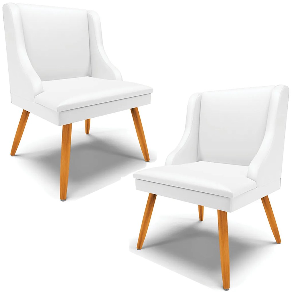 Kit 2 Poltronas Decorativas Pés Palito de Madeira Firenze PU Branco Fosco/Natural G19 - Gran Belo