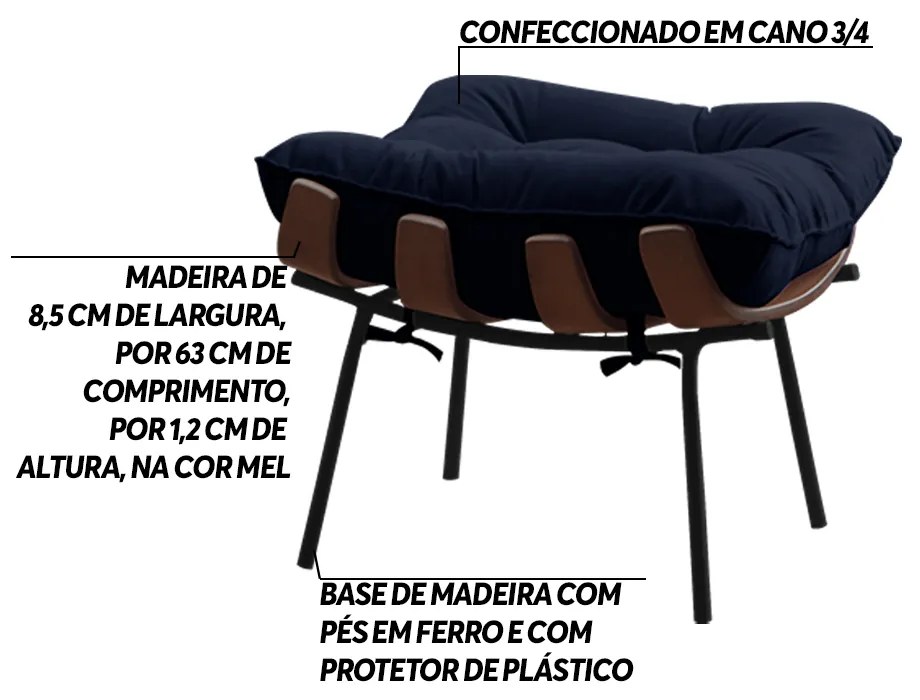 Kit 2 Puffs Decorativos Sala de Estar Abel Base de Madeira Preto Veludo Azul G41 - Gran Belo