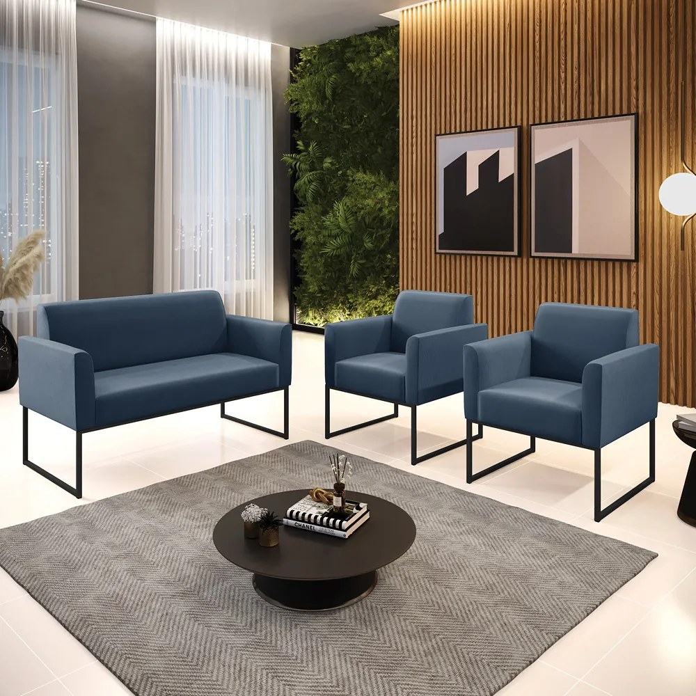 Sofá Namoradeira com 2 Poltronas Base Industrial Preto Marisa Suede D03 - D'Rossi - Azul Marinho
