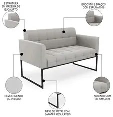 Sofá Namoradeira e 2 Poltronas Base Industrial Preto Ana Veludo Cinza