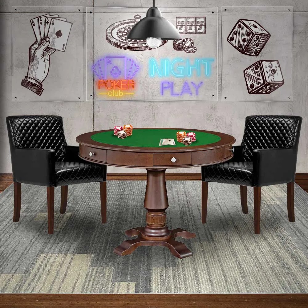 Mesa de Jogos Carteado Victoria Redonda Tampo Reversível Imbuia com Kit 2 Cadeiras Liverpool PU Sintético Preto Matelassê G36 G15 - Gran Belo