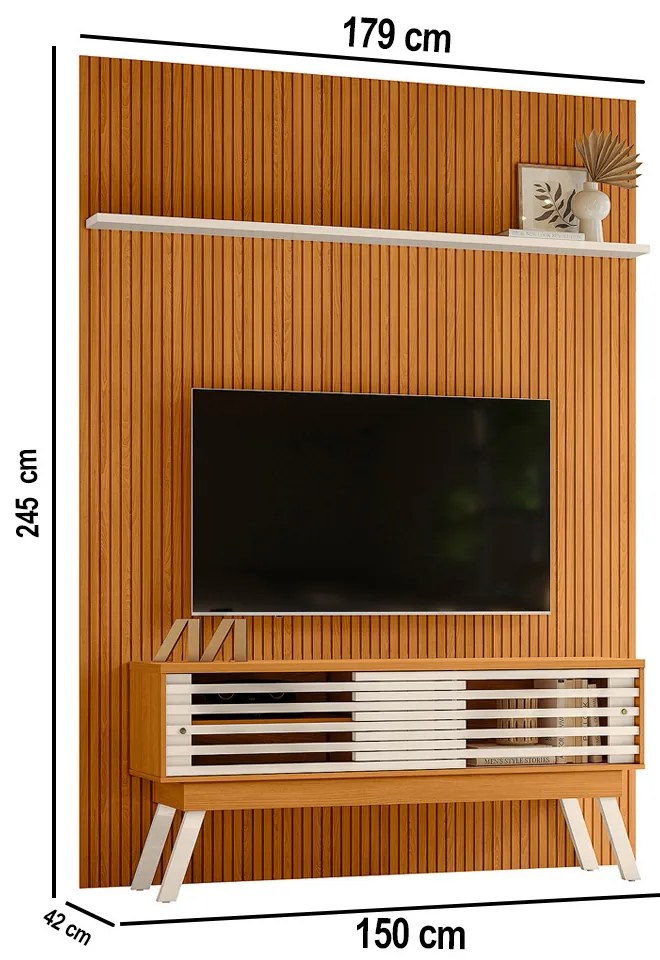 Painel TV 65 Pol 179cm Ripado Valen e Bancada Orlin Cinamomo/Off White M20 - D'Rossi