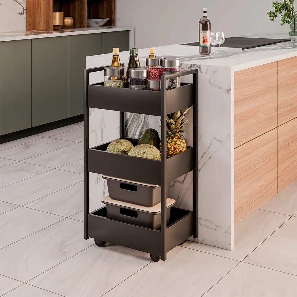 Carrinho Multiuso 3 Prateleiras Cozinha Vallue Preto G96 - Gran Belo