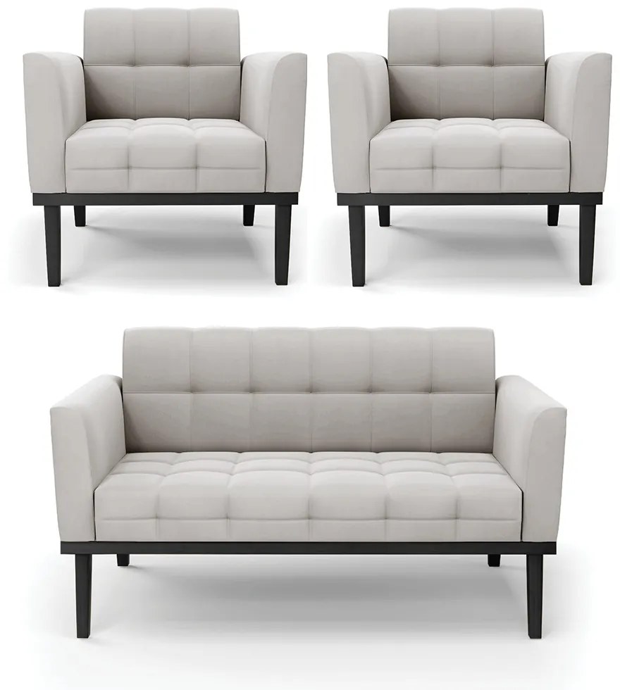 Conjunto 2 Poltronas e 1 Namoradeira Decorativa Karen Pés Fixo em Madeira Preto Veludo Cinza G19 - Gran Belo