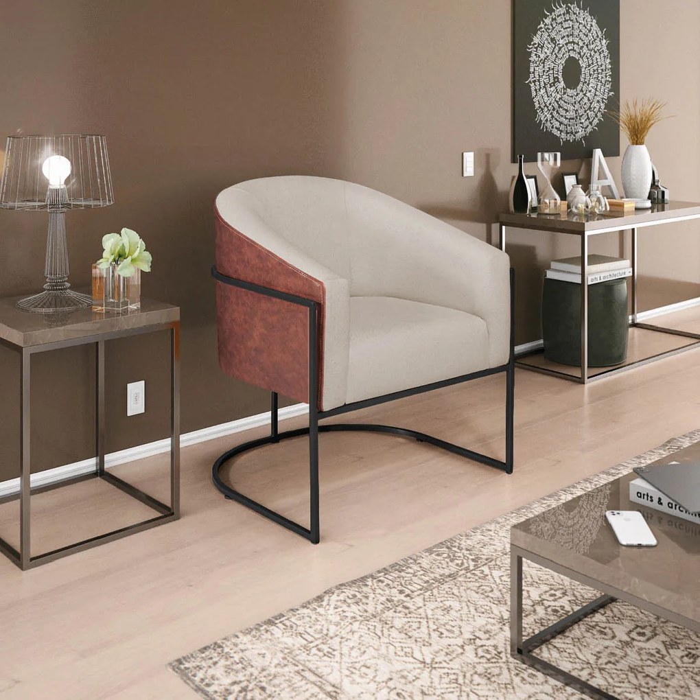 Kit 02 Poltronas Luiza Base de Ferro Preto Corano Nozes e Linho - ADJ Decor