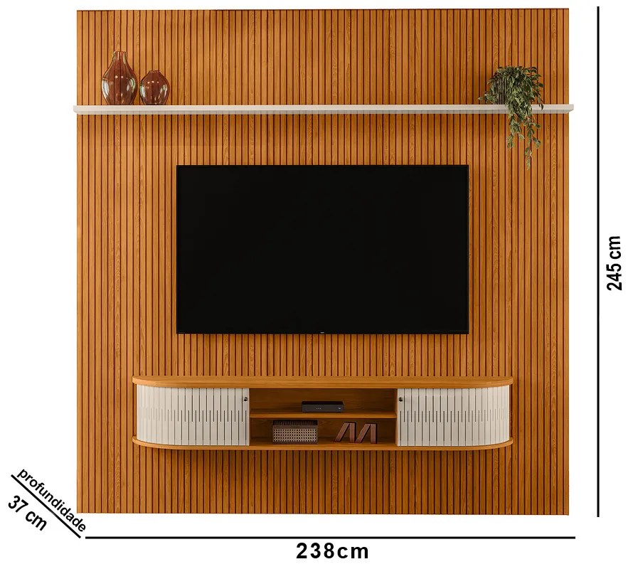 Painel TV 75 Pol 238cm Kalven e Bancada Suspensa Aurenzo Cinamomo/Off White M20 - D'Rossi