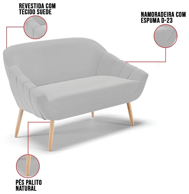 Namoradeira 02 Lugares Giovana Suede Pés Palito Natural D03 - D'Rossi - Cinza