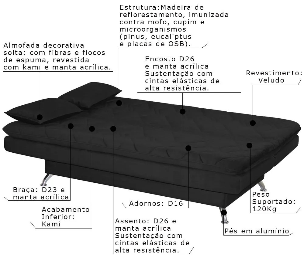 Sofá Cama Sala de Estar 193cm Belinda com Pés Alumínio Veludo Preto G45 - Gran Belo