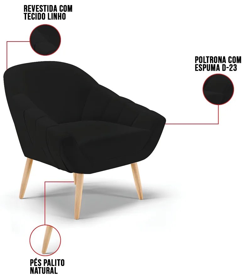 Poltrona Giovana Linho Pés Palito Natural D01 - D'Rossi - A79 Preto