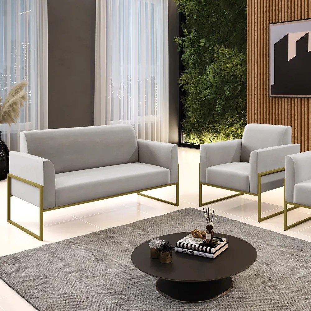 Sofá Namoradeira com Poltrona Base Industrial Alta Dourado Marisa Veludo D03 - DRossi - Cinza