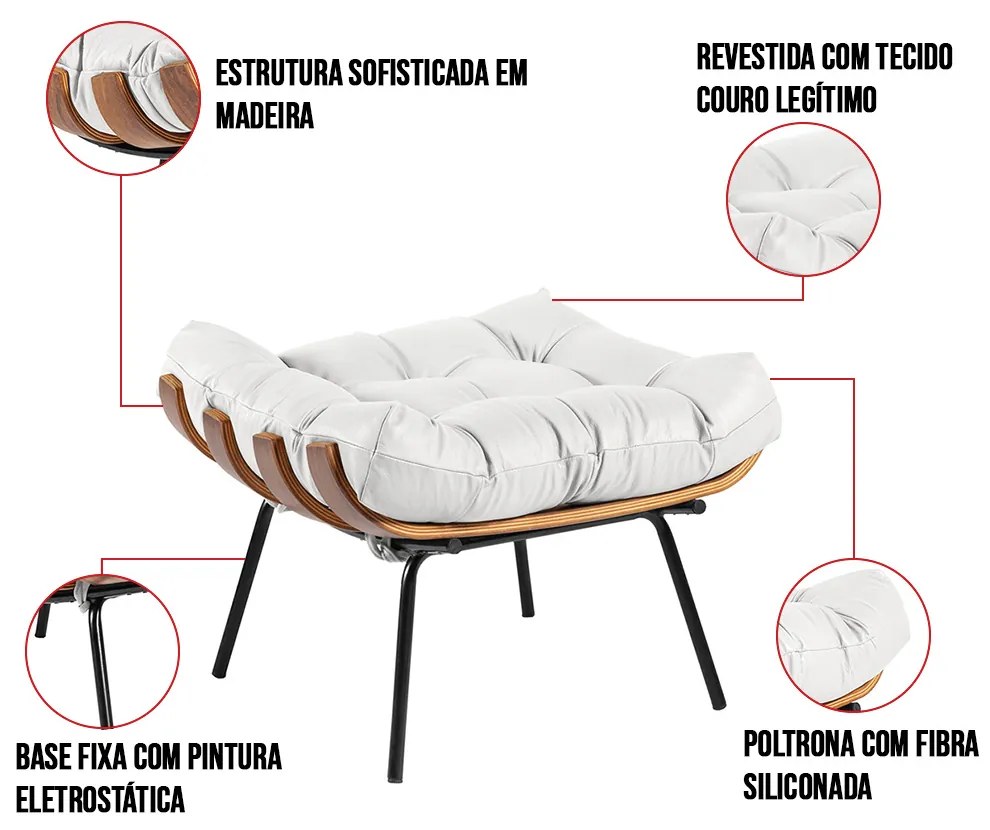 Kit 02 Puffs Costela Couro Branco Base Metálica Preto - D'Rossi