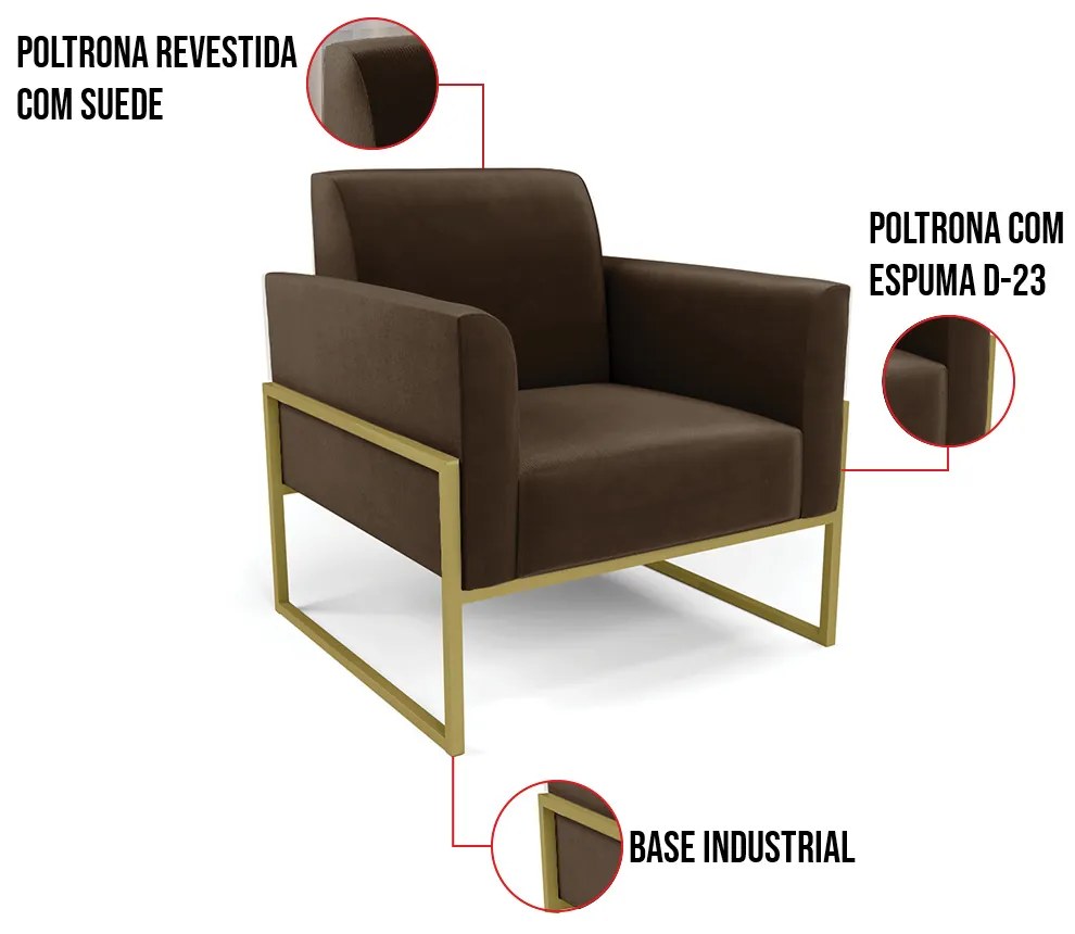 Poltrona Base Industrial Alta Dourado Marisa Suede D03 - D'Rossi - Marrom