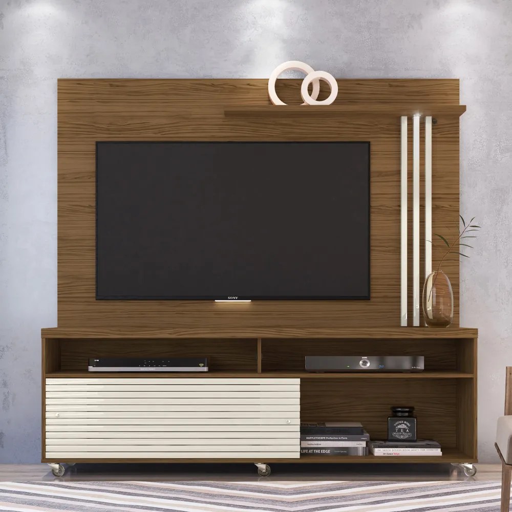 Estante de TV 65 Pol 182cm com Rodízio para Sala Nerion M20 - D'Rossi - Naturale(fosco)/Off White(brilho)