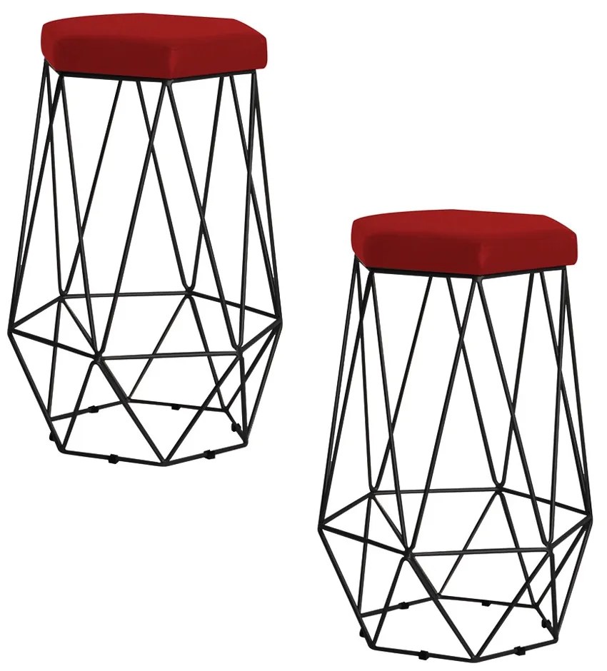 Kit 2 Banqueta Decorativa Rubel Base Preta Suede Vermelho G41 - Gran Belo