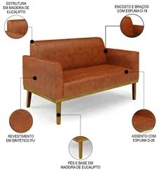 Sofá Namoradeira e 2 Poltronas Base Madeira Castanho Maressa Sintético