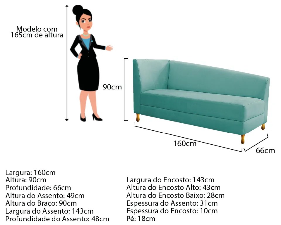 Recamier Valéria 160cm Lado Direito Suede Azul Tiffany - ADJ Decor
