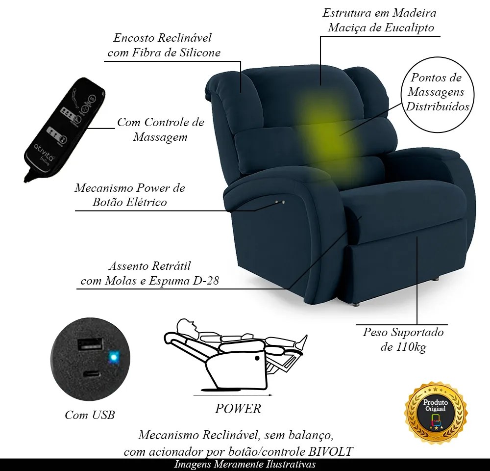 Poltrona do Papai Sala de Cinema Reclinável Kylie Power Touch Massagem USB Veludo Azul G23