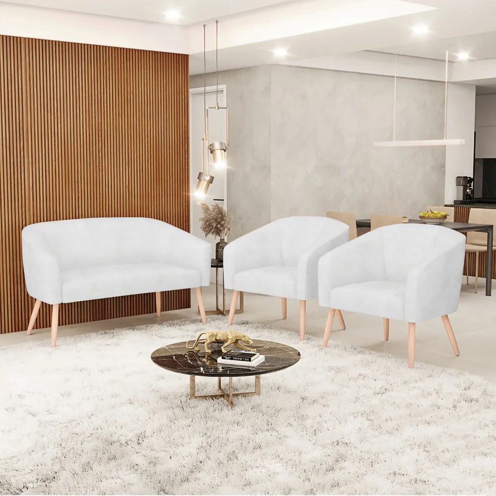 Namoradeira e 2 Poltronas Pé Palito Natural Stella Sintético PU D03 - D'Rossi - Branco